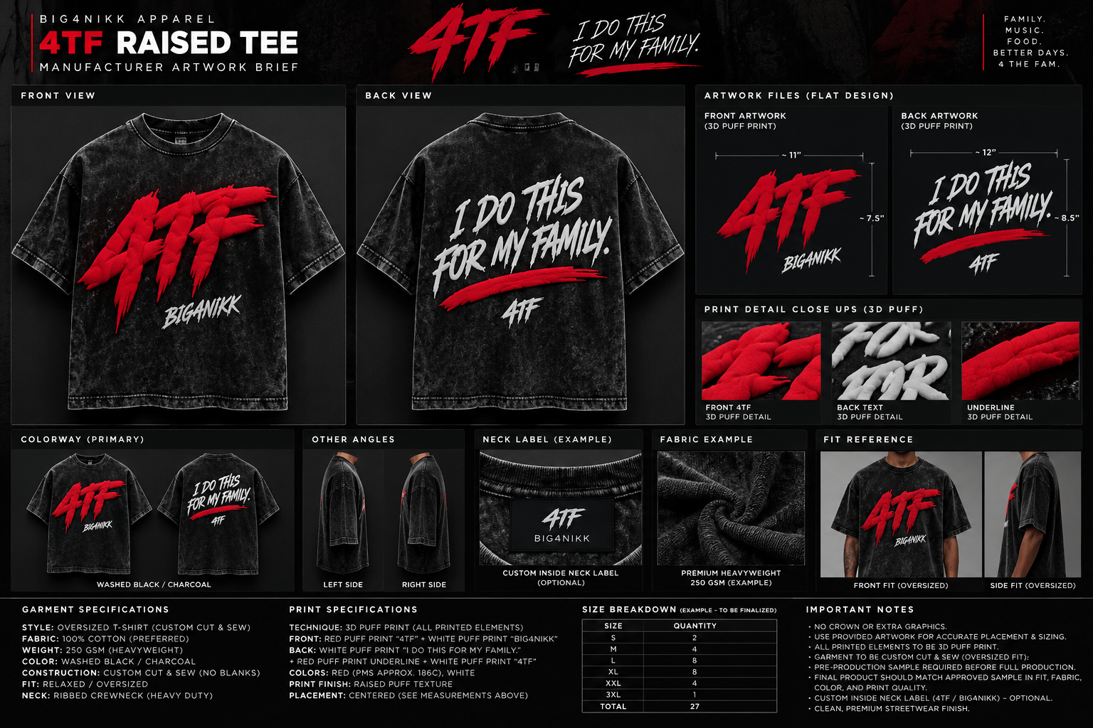 front concept view of the washed-black 4TF Raised Tee